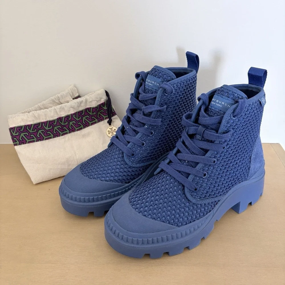 Tory Burch Camp‎ Sneaker Boot Blue Suede Canvas Lace Up Boots Size 6.5 Luxury